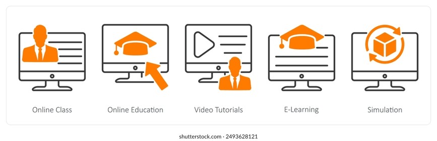 Un conjunto de 5 iconos de escuela y Educación Video como clase en línea, educación en línea,