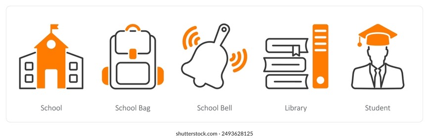 A set of 5 School and Education icons as school, school bag, school bell