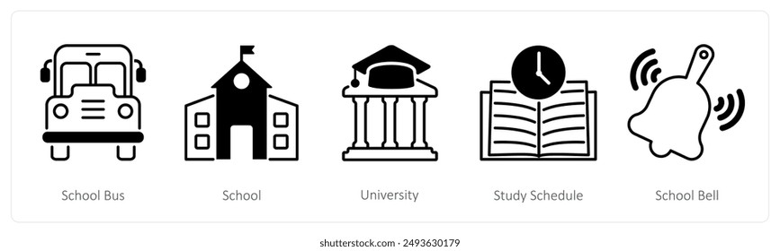 Ein Set von 5 Schul- und Bildung-Icons als Schulbus, Schule, Universität