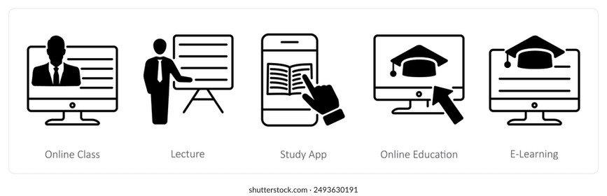 A set of 5 School and Education icons as online class, lecture, study app