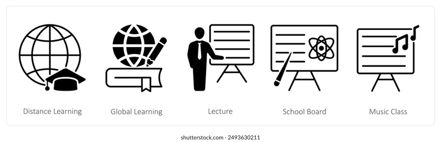 A set of 5 School and Education icons as distance learning, global learning, lecture