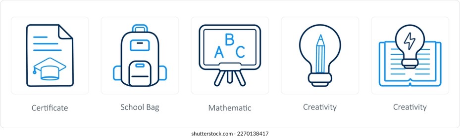 Un conjunto de 5 íconos escolares como certificado, bolso escolar, matemático