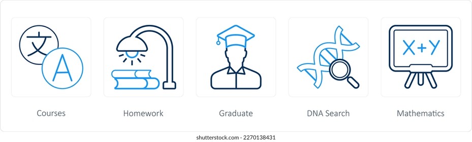 A set of 5 School icons as courses, homework, graduate