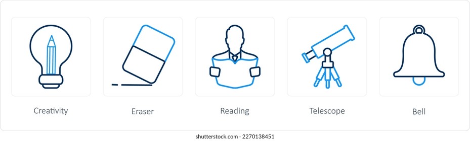 A set of 5 School icons as creativity, eraser, reading