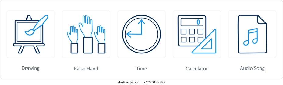A set of 5 School icons as drawing, raise hand, time