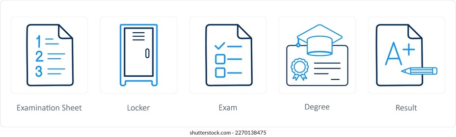 Un conjunto de 5 íconos escolares como hoja de examen, casillero, examen