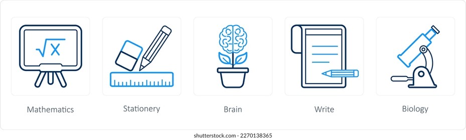 A set of 5 School icons as mathematics, stationery, brain