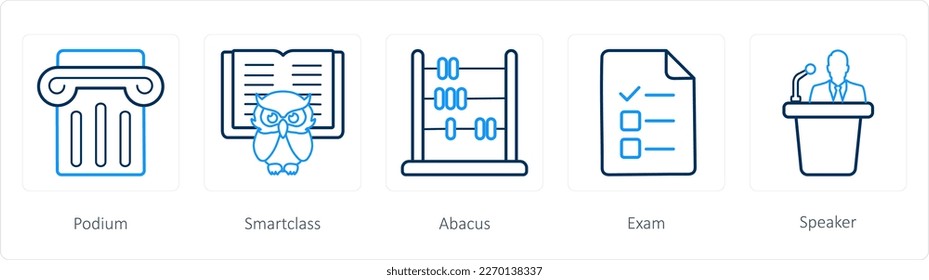A set of 5 School icons as podium, smart class, abacus