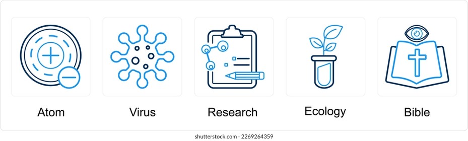 Un conjunto de 5 íconos científicos como átomo, virus, investigación