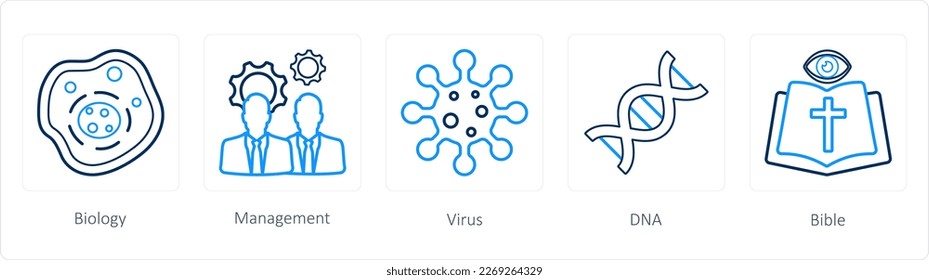 A set of 5 science icons as biology, management, virus