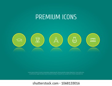 Set of 5 science icons line style set. Collection of flask, academic hat, diplomaed male and other elements.