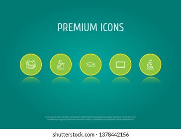 Set of 5 science icons line style set. Collection of student, academic hat, rucksack and other elements.