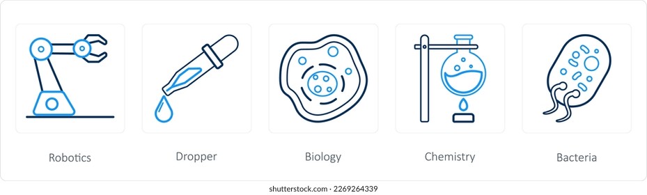 Un conjunto de 5 íconos científicos como robótica, dropper, biología