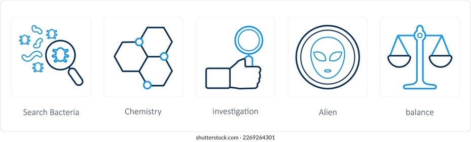 A set of 5 science icons as search bacteria, chemistry, alien