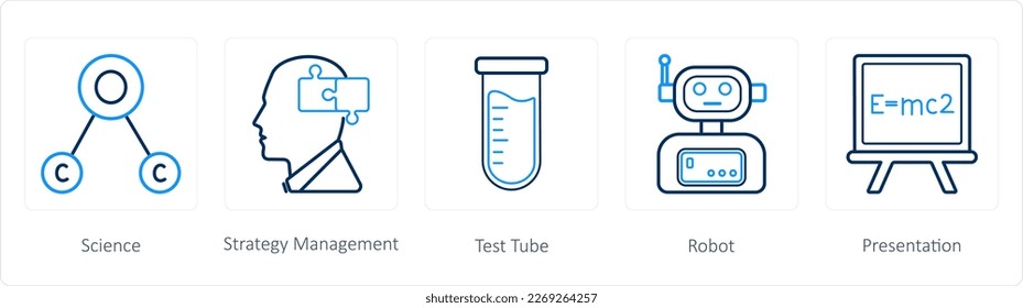 A set of 5 science icons as science, strategy management, test tube