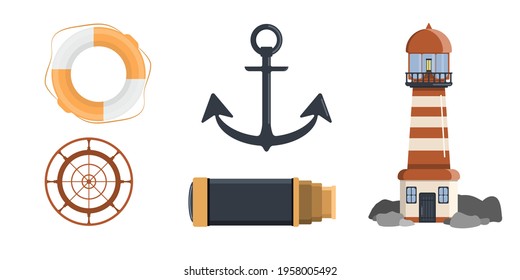 Set of 5 sea attributes - a lifebuoy, a steering wheel, an anchor, a telescope and a lighthouse. 
The elements are isolated on a white background. Vector graphics.