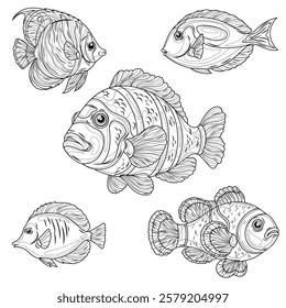 Set of 5 sea fish.Coloring book antistress for children and adults. Illustration isolated on white background.Zen-tangle style. Hand draw