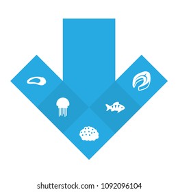 Set of 5 sea icons set. Collection of oyster, perch, steak and other elements.