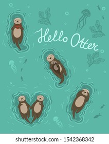 Set of 5 sea otters. Vector graphics.