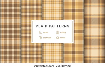 Set of 5 seamless beige and brown plaid patterns. High-quality vector graphics, ideal for textile design, apparel, website backgrounds, or any project needing a classic checkered texture.