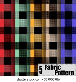 Set of 5 Seamless Coarse multicolored Checkered Plaid Fabric Pattern Texture. Vector background