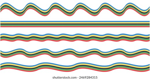 Set of 5 seamless colorful stripes for sport event, championship. Different endless multi-colored horizontal lines, tapes, ribbons, flags isolated on white background. Design element