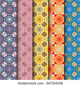 Set of 5 seamless floral geometric patterns for Wedding, Bridal, Valentine's day or Birthday Invitations, fabric or paper print, repeating chess texture. Vector collection