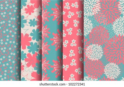 A set of 5 seamless floral patterns in pastel pink and blue. EPS 10 file.