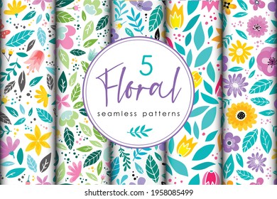 set of 5 seamless floral patterns for wrapping paper, backgrounds, wallpaper, textile and fabric prints, scrapbook, crafting, etc. EPS 10