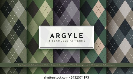 Set 5 Seamless Military Argyle Pattern. Traditional Rhombus Texture. Fashionable Fabric. Textile Background. Vector eps 10