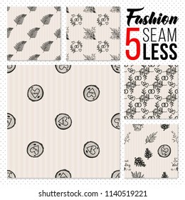Set of 5 seamless pattern for fall forest wedding decoration, card design. Collection of repeatable backgrounds. Hand drawn vector graphic of rustic elements. 