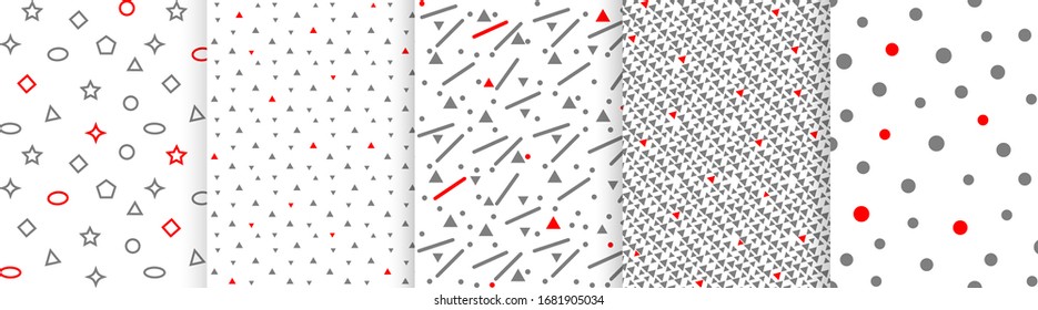 Set of 5 seamless patterns in grey  and red colors with geometric elements. Pattern in hipster style. Pattern is suitable for posters,  wallpaper, fabric or wrapping paper