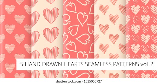 Set of 5 seamless patterns with hand drawn hearts, vector illustration for Valentine's Day greeting cards, wedding invitation, banners, backgrounds, textiles design.