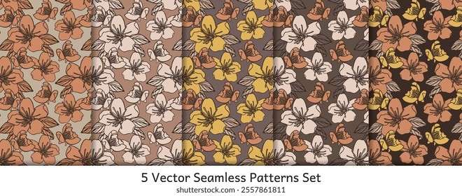 Set of 5 seamless patterns with hand drawn cherry or apple tree flowers. Vector repeat patterns bundle.