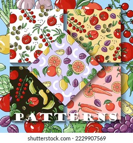 Set of 5 seamless patterns mediterranean diet set of foods