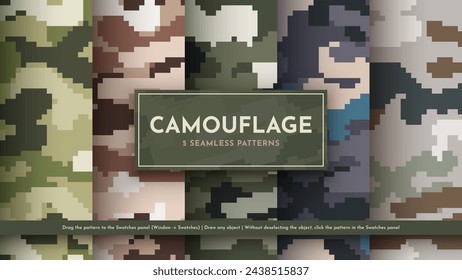 Set 5 Seamless Pixel Camouflage Patterns. War Illustration. Traditional Military Texture. Army Background