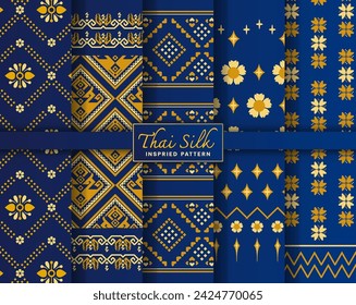 Set of 5 Seamless Traditional Background inspired by Thai Silk Pattern. Colored in Navy Blue and Gold.