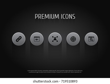 Set Of 5 Search Icons Set.Collection Of Site, Magnifier, Airplane And Other Elements.