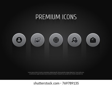 Set Of 5 Search Icons Set.Collection Of Announcement, Engine, Guest And Other Elements.