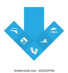 Set of 5 seaside icons set. Collection of shark sign, diver, swimmer and other elements.