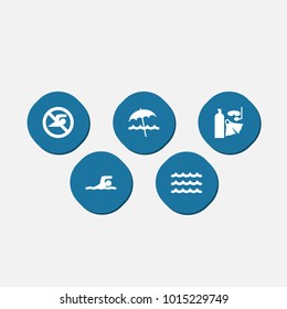 Set of 5 seaside icons set. Collection of beach, aqualung, forbidden and other elements.