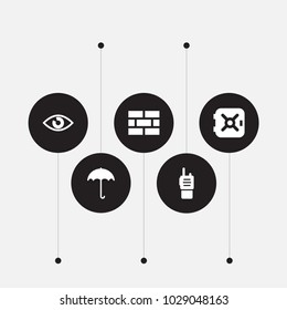 Set of 5 security icons set. Collection of ratio, umbrella, brick wall and other elements.