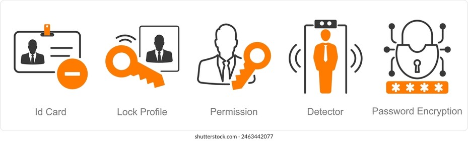 A set of 5 security icons as id card, lock profile, permission