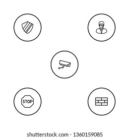 Set of 5 security icons line style set. Collection of brick wall, surveillance, stop and other elements.