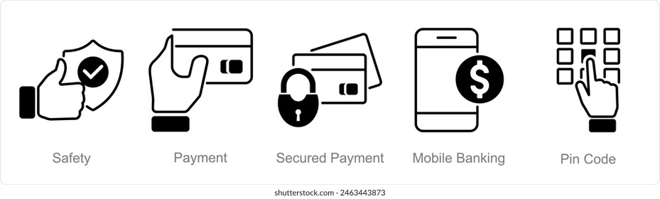 A set of 5 security icons as safety, payment, secured payment, mobile banking
