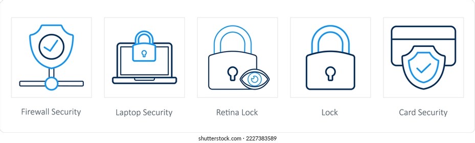 A set of 5 security icons such as firewall security, laptop security