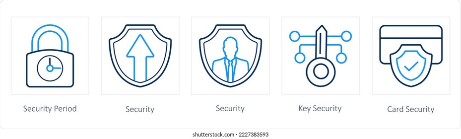 Un conjunto de 5 iconos de seguridad como el período de seguridad, la seguridad