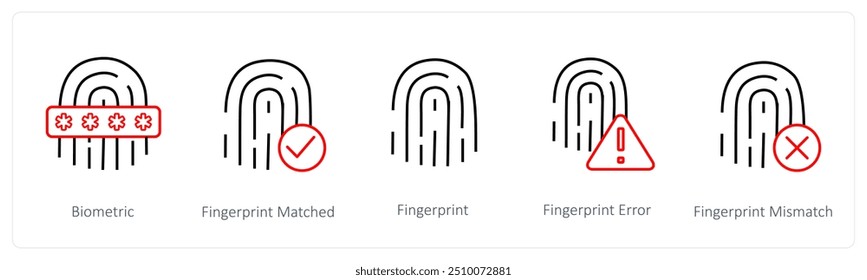 Un conjunto de 5 iconos de seguridad como biométricos, huellas dactilares emparejadas