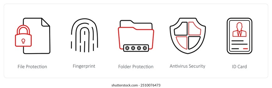 Un conjunto de 5 iconos de seguridad como la protección de archivos, huellas dactilares