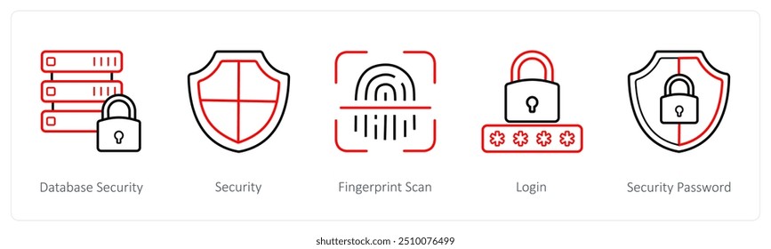 Un conjunto de 5 iconos de seguridad como la seguridad de la base de datos, la seguridad